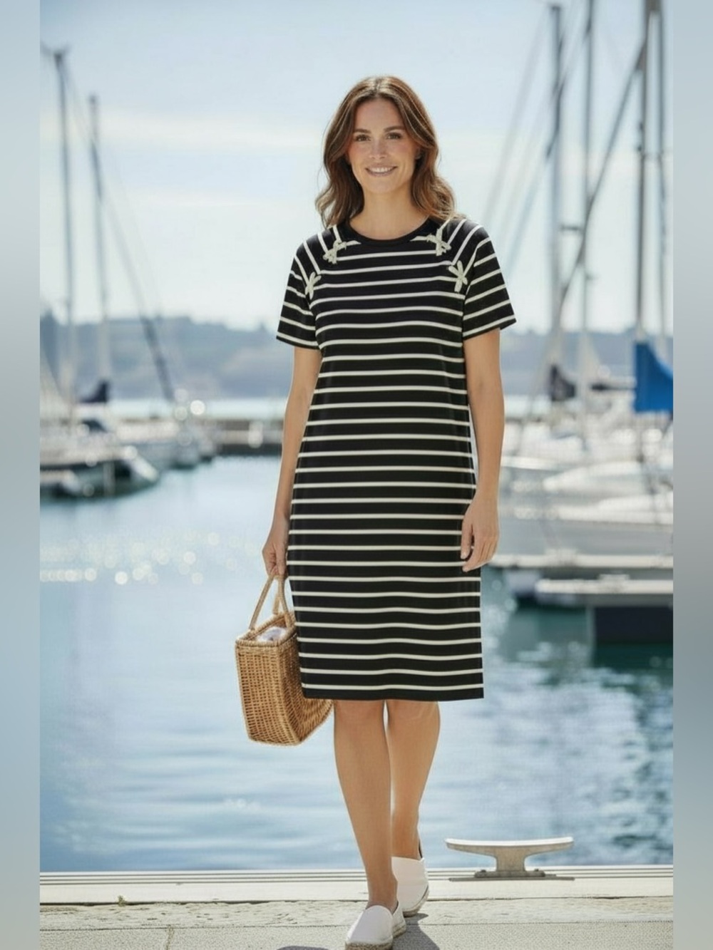 RALPH LAUREN Black White Nautical Short Sleeve Knit Dress Medium Coastal Preppy